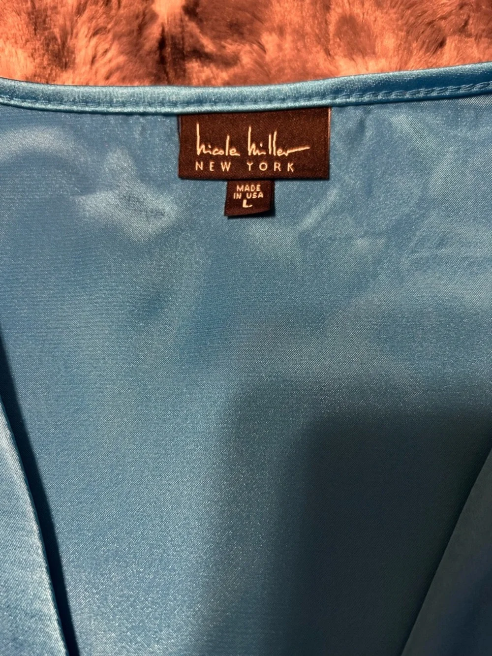 Nicole Miller Satin V-Neck Blouse in Teal Blue - Picture 3 of 4